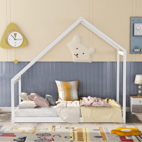 White Twin Size House Shape Floor Bed, Twin Wood Bed Frame with Roof for Toddlers Kids Boys Girls, Box Spring Needed