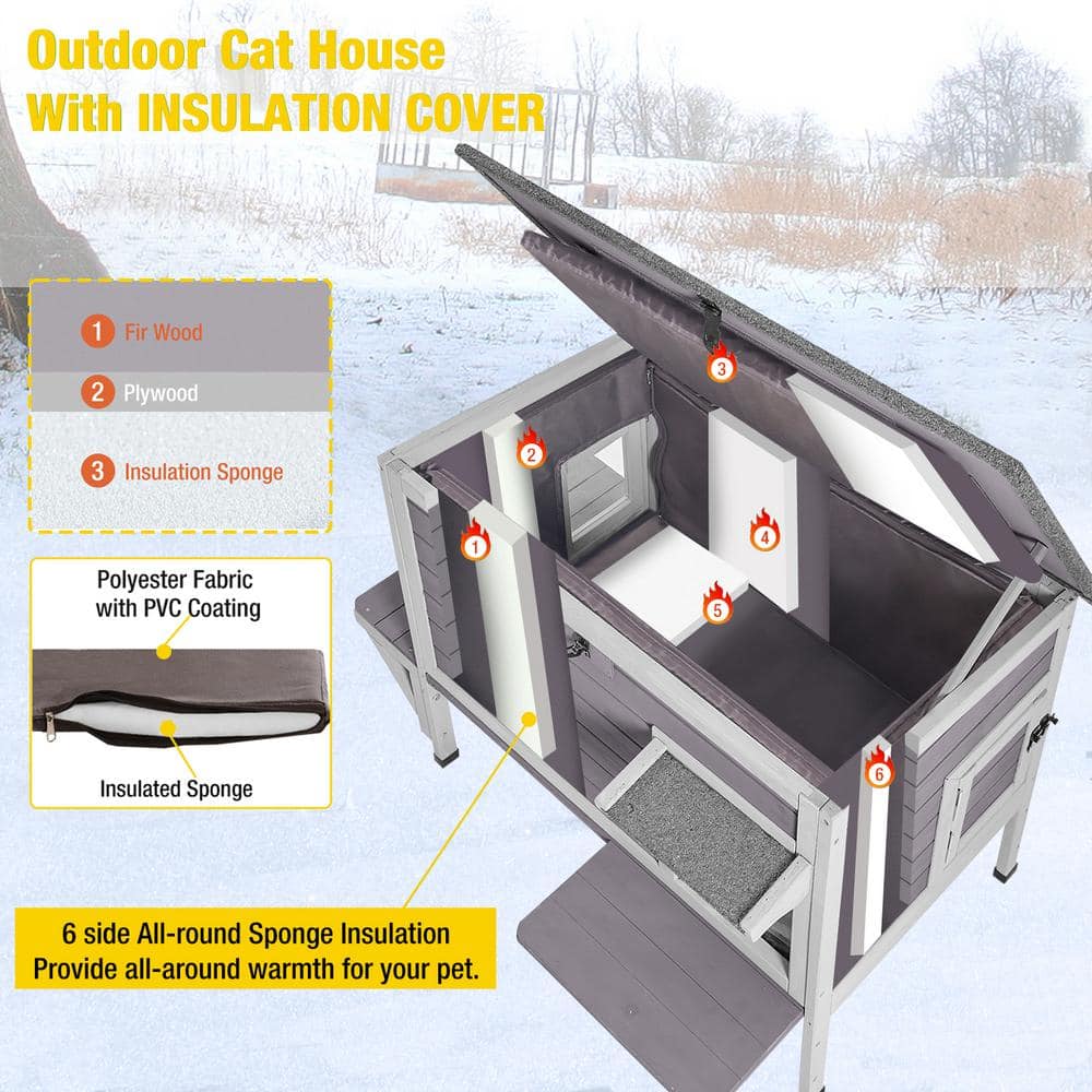 Insulated Wooden Outdoor Cat House with Warm Liner