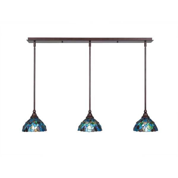 Unbranded Livingston 100-Watt 3 Light Bronze, Linear Pendant Light with 7 in. Blue Mosaic Art Glass Glass Shades No Bulbs Included