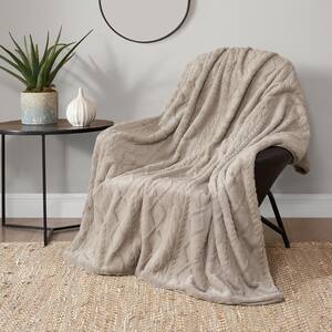 Embossed Cable Rabbit Beige 50 in. 70 in. Plush Faux Fur Throw Blanket