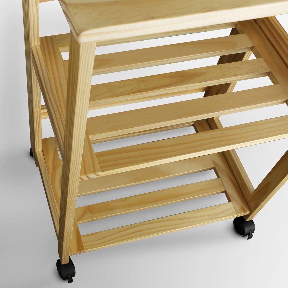 Trek Natural Pine Wood Folding Kitchen Cart with Storage