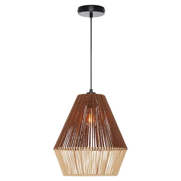River of Goods Elora 13 in. 1-Light Black Pendant with Open Weave Brown Metal Shade