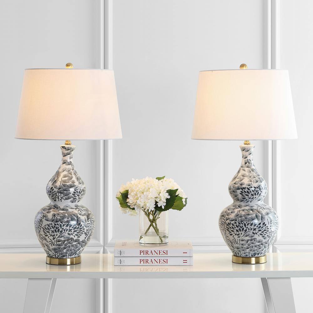 Exotic Floral Black & White Ceramic Table Lamp Set with Brass Accents