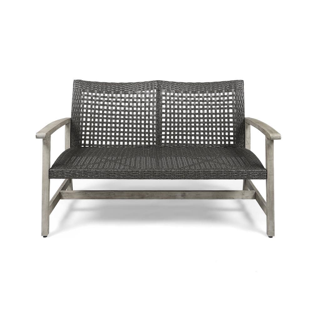 Light Gray Wash Wicker and Wood Two-Seater Outdoor Loveseat