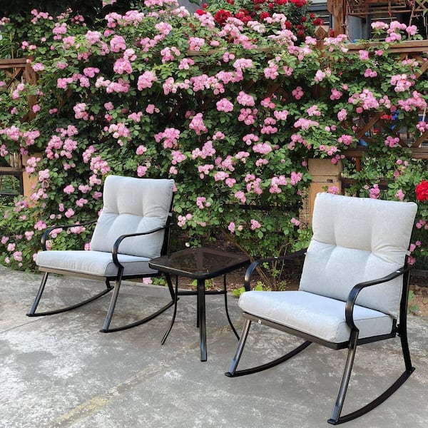 cenadinz Metal Outdoor Rocking Chair with White Cushions (2-Chairs Plus 1-Table)