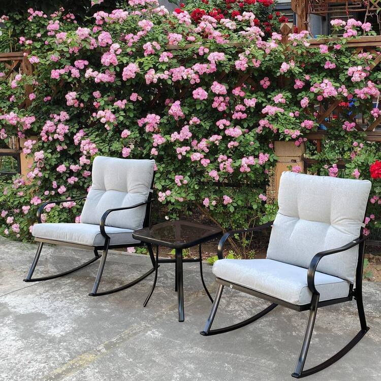 cenadinz Metal Outdoor Rocking Chair with White Cushions (2-Chairs Plus 1-Table)