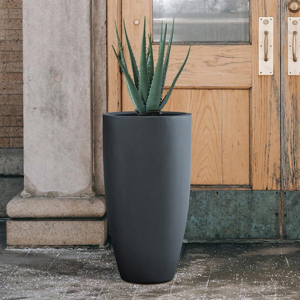 13.39 in. x 23.62 in. Round Charcoal Finish Lightweight Concrete and Fiberglass Indoor Outdoor Planter w/Drainage Hole