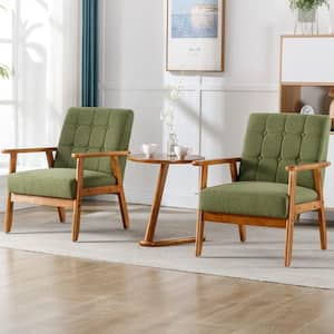 Modern Green 3-Pieces Upholstered Accent Chairs Set of 2 with Round Side Table Wood and Fabric Armchairs Side Chair