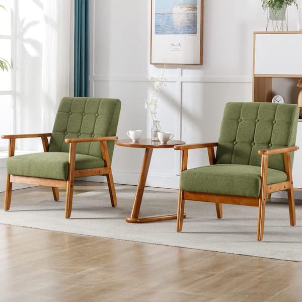 Unbranded Modern Green 3-Pieces Upholstered Accent Chairs Set of 2 with Round Side Table Wood and Fabric Armchairs Side Chair