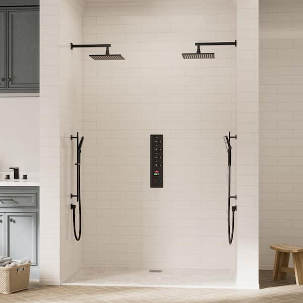 IntelliFlow 12in. and 12in. Dual Wall Mount Fixed with Slide Bar Hand-Shower and Thermostatic Valve in Matte Black