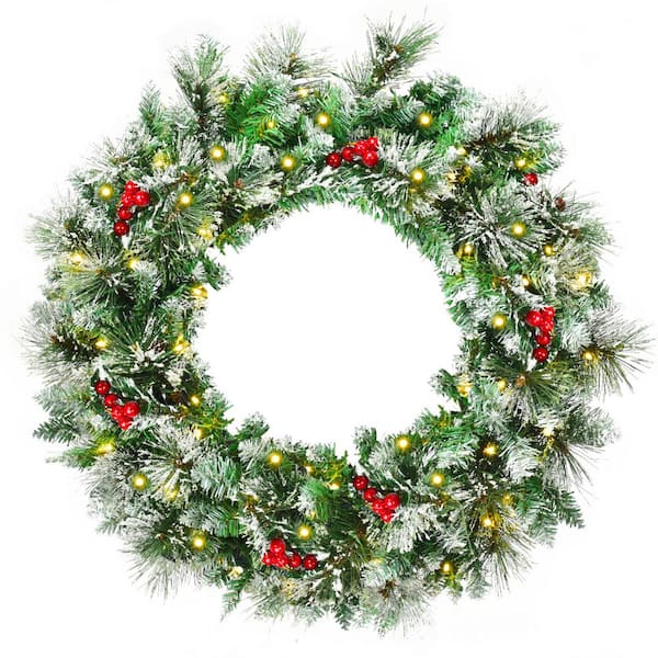 Costway 24 in. Pre-Lit Flocked Artificial Christmas Spruce Wreath with 50 LED Lights and Timer