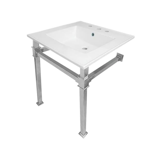 Kingston Brass Monarch 25 in. Ceramic Console Sink (8 in. Faucet Drilling) in White and Polished Chrome