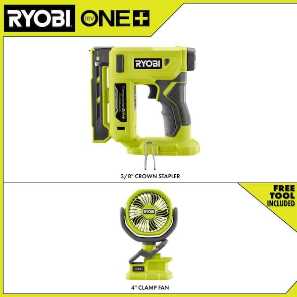 ONE+ 18V Compression Drive Cordless 3/8 in. Crown Stapler with ONE+ 18V Cordless 4 in. Clamp Fan (Tools Only)
