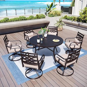Black 7-Piece Metal Outdoor Dining Patio Set with Round Table and Swivel Chairs with Beige Cushions