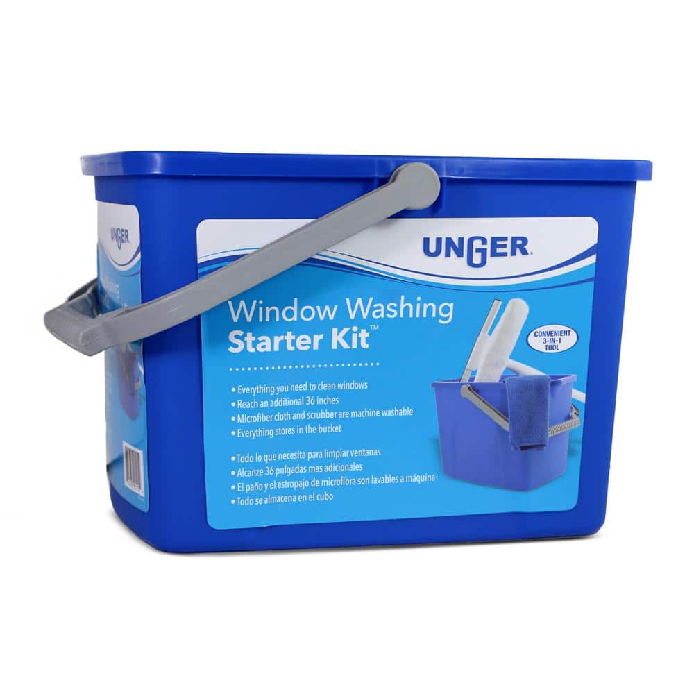 Blue Microfiber Window Cleaning Kit with Collapsible Pole and Bucket