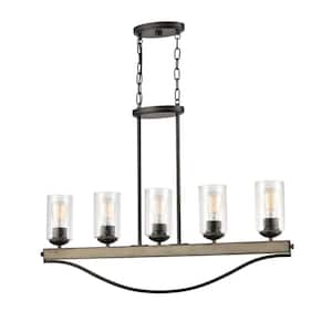 Prescott 5-Light Anvil Iron Single Row Linear Chandelier with Clear Seeded Glass Shades
