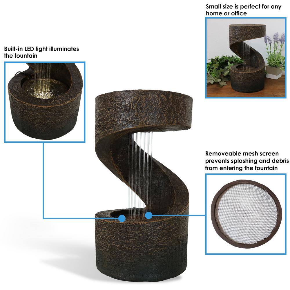 Brown Polyresin Spiral Tabletop Water Fountain with LED Light
