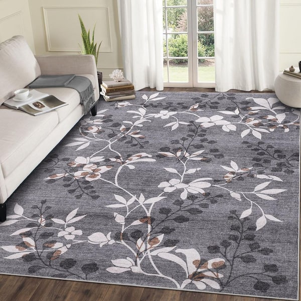 Gray 8x10 Plant Floral Rug Machine Washable Ultra-Thin Soft Foldable Polyester