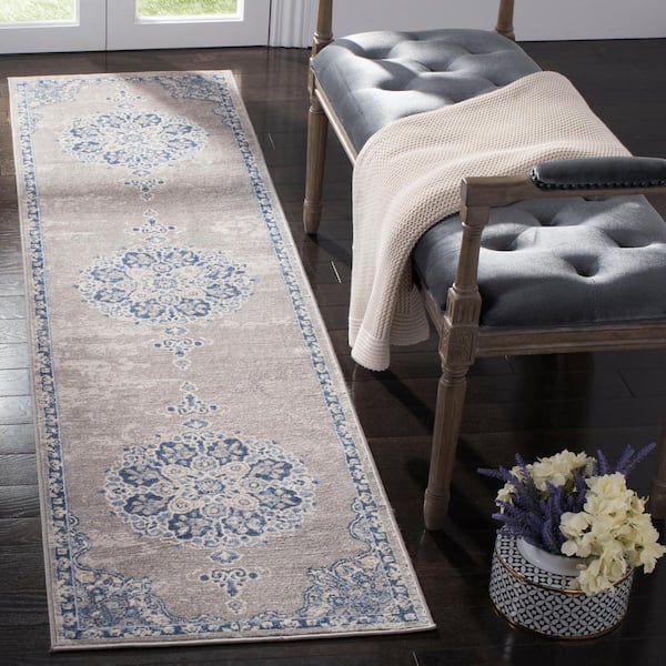 Brentwood Light Gray/Blue 2 ft. x 14 ft. Distressed Medallion Floral Runner Rug