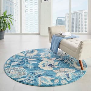 Tranquil Turquoise 5 ft. x 5 ft. Floral Modern Round Area Rug