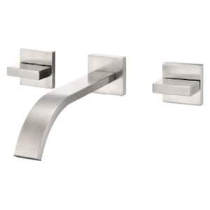 Waterfall Double Handle Wall Mounted Bathroom Faucet with Rough in Valve in Brushed Nickel