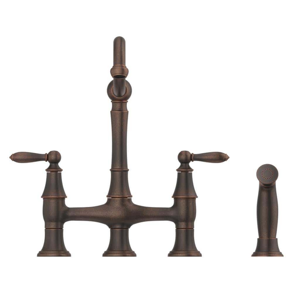 Rustic Bronze Double Handle Bridge Kitchen Faucet with Side Sprayer