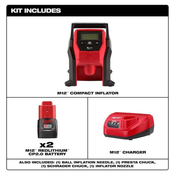 M12 12V Lithium-Ion Compact 2.0 Ah Battery Pack (2-Pack) Starter Kit with Charger and M12 Portable Inflator