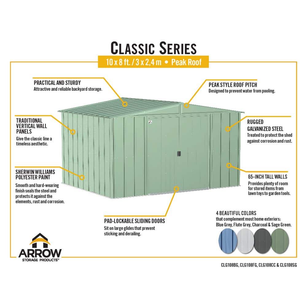 10 ft. x 8 ft. Flute Grey Galvanized Steel Storage Shed