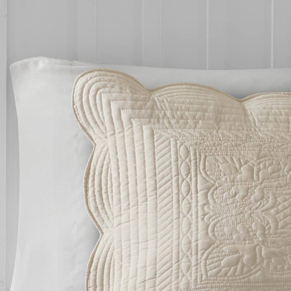 Beige King Microfiber Reversible Quilt Set with Scalloped Edges