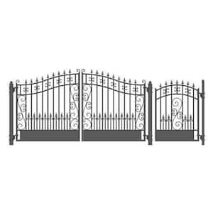 17 ft. x 6 ft. Black Steel Dual Swing Driveway Gate Venice Style 12 ft. with Pedestrian Gate 5 ft. Fence Gate