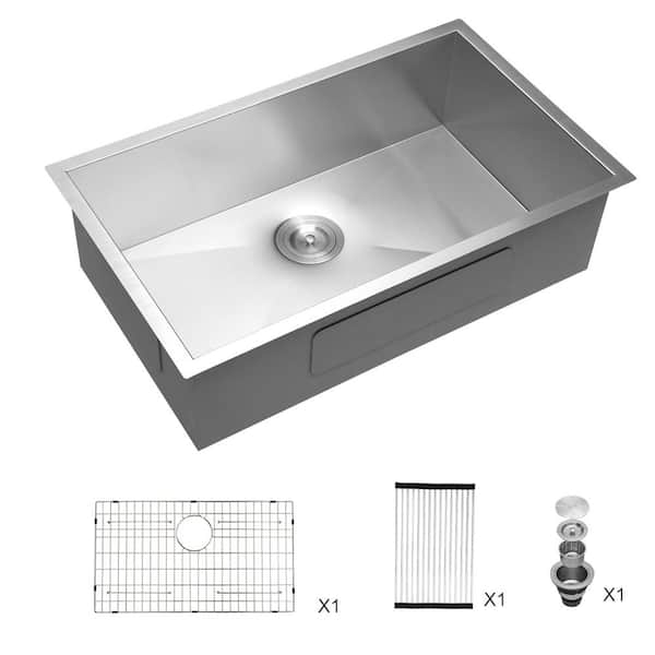 UPIKER 32 in. Undermount Single Bowl 18-Gauge Brushed Nickel Stainless Steel Kitchen Sink with Bottom Grids