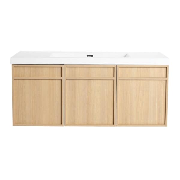 TCYO 48 in. Wall-Mounted Oak Bath Vanity with White Cultured Marble Top ...