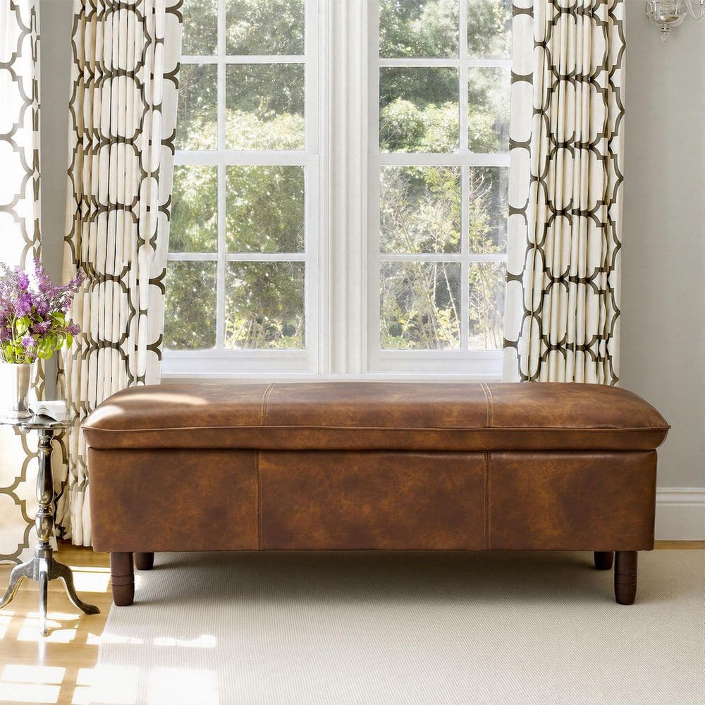 48.8 in. W Brown Faux Leather Storage Bench Upholstered Bench Ottoman with Hidden Storage for Entryway Bedroom