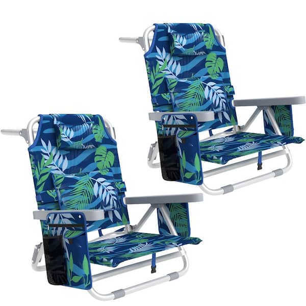 2-Pack Backpack Beach Chairs, 5-Position Metal Reclining Beach Chairs with Lumbar Pillow, 7 Pockets and Cooler Bag