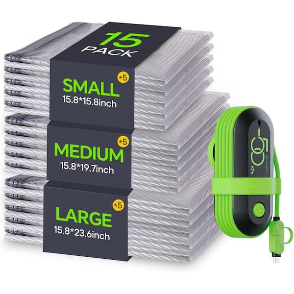 Green 15 PCS Carry-on Luggage Compression Vacuum Bags with USB Power Pump, Travel Storage