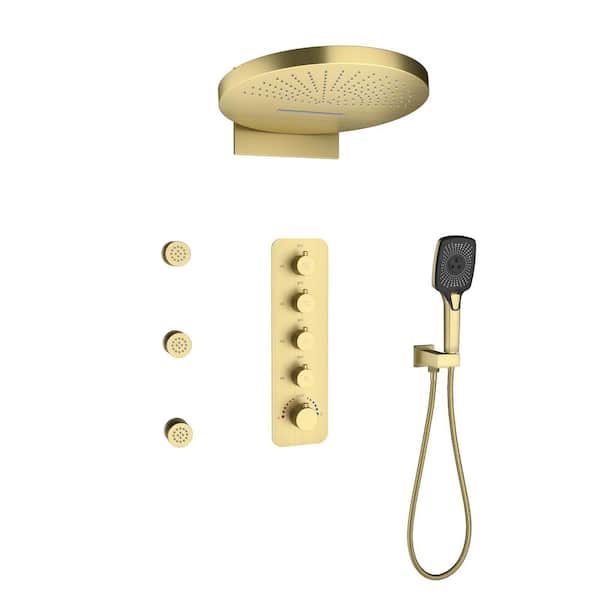 Thermostatic 6-Spray Wall Mount Dual Fixed and Handheld Shower Head with 3-Body Jets in Brushed Gold (Valve Included)