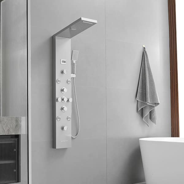 8-Jet Rainfall Shower Tower Shower Panel System with Rainfall Waterfall Shower Head and Shower Wand in chrome Nickel