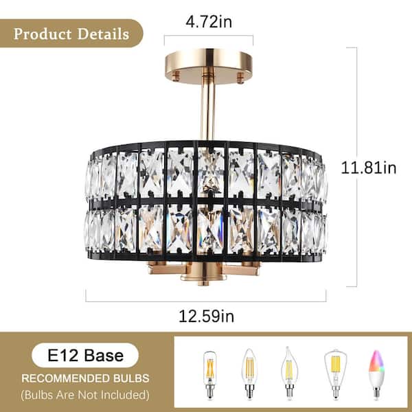 LWYTJO 12.59 in. 3-Light Round Black/Gold Drum Chandelier Semi
