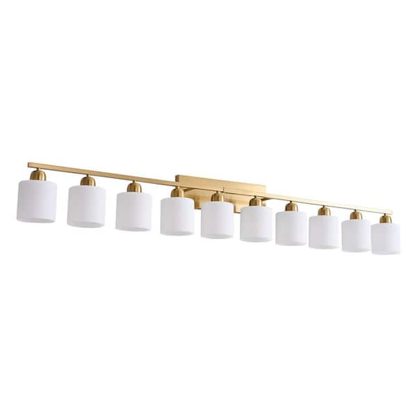 65 in 10 Light Gold Bathroom Vanity Light with Milky White Frosted Glass Shades Modern Wall Sconce E26, No Bulbs