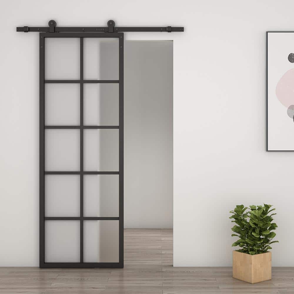 84'' Frosted Glass Black Aluminum Frame Sliding Barn Door