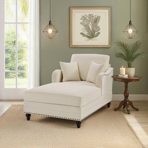 OrangeOne Beige Chenille Upholstered Wood Leg Chaise Lounge 3-Level Adjustable Backrest Double Arm Lounge Chair with Pillows SN-024-01HD