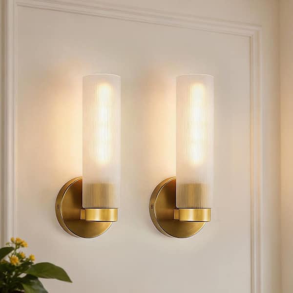 3 in. 1-Light Brushed Gold Wall Sconce 2-Pack, Modern Farmhouse Bathroom Wall Light with Frosted Glass