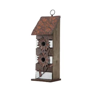 14.5 in. H 2-Tiered Distressed Solid Wood Birdhouse With Flowers