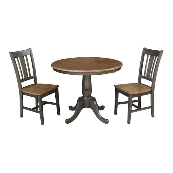 International Concepts Laurel 3-Piece 36 in. Hickory/Coal Extendable Solid Wood Dining Set with San Remo Chairs