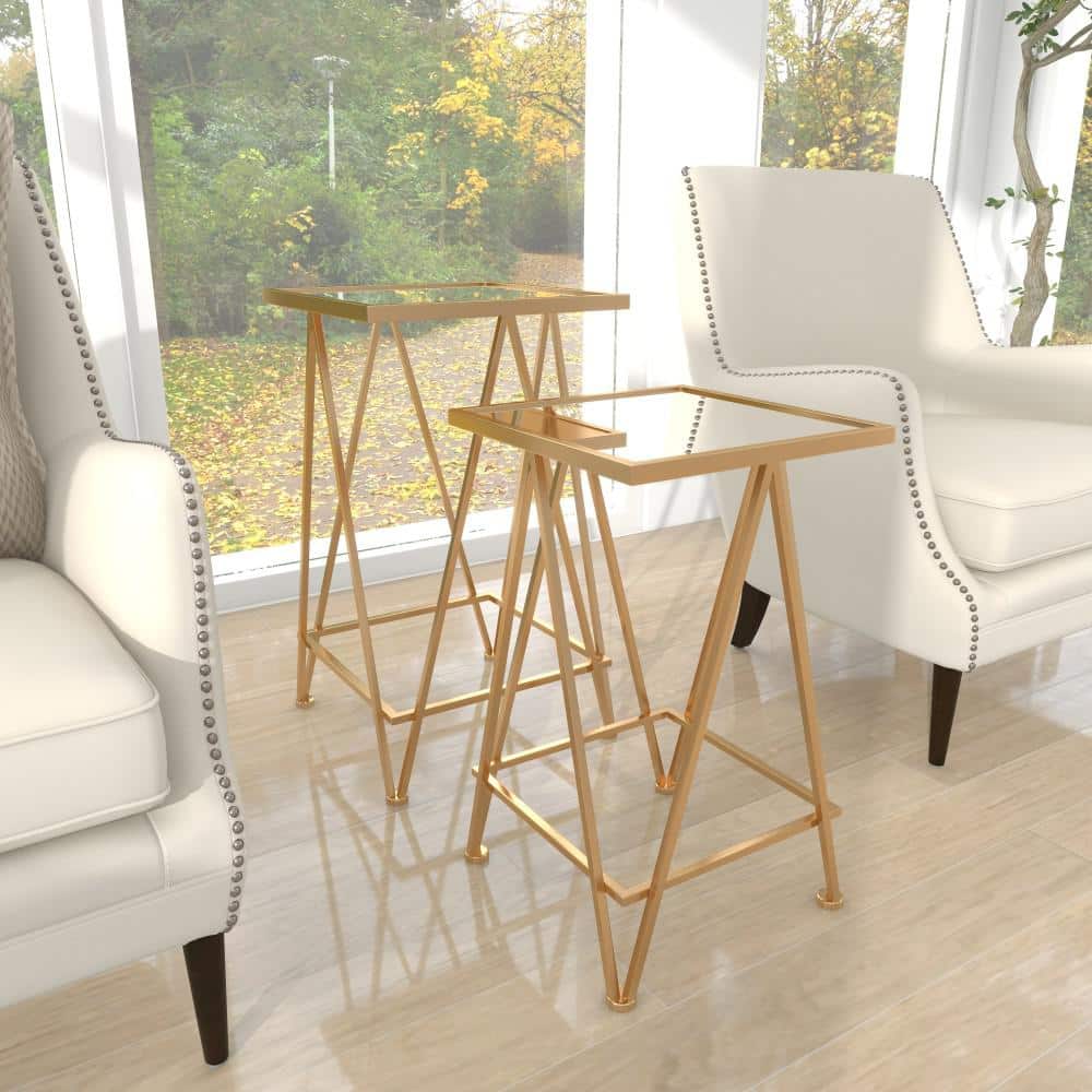 Sleek Gold Metal and Mirrored Glass Square Accent Table Set