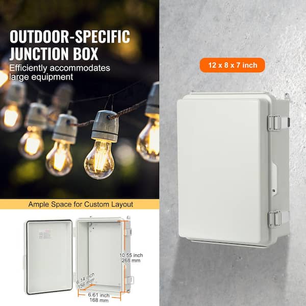 Outdoor Electrical Junction Box, 11.81 in. x 7.87 in. x 7.08 in. ABS Enclosure with Hinged Cover, Stainless Steel Latch