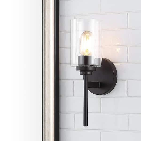 JONATHAN Y Juno 13 in. 1-Light Oil Rubbed Bronze Farmhouse Industrial Iron Cylinder LED Wall Sconce Vanity Light