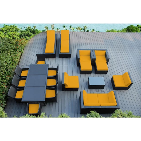 Ohana Depot Black 20-Piece Wicker Patio Combo Conversation Set with Sunbrella Sunflower Yellow Cushions