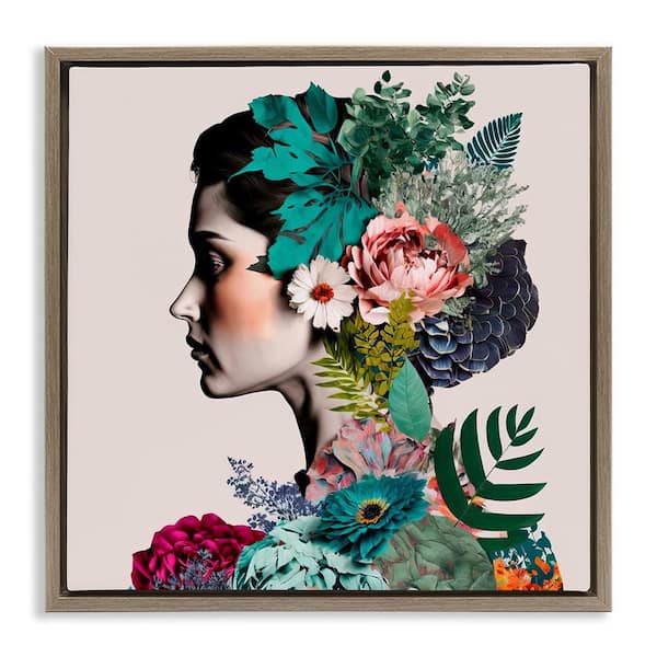 Stupell Industries Blooming Flowers Visage by Incado Brown Floater Frame People Graphic Art Print 25 in. x 25 in.