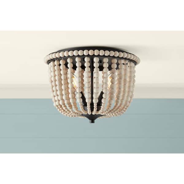 Home Decorators Collection Harpswell 13 in. 2-Light Matte Black Flush Mount with Wood Beads Shade